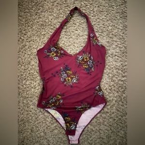 Floral Halter Top Bodysuit (Maroon)